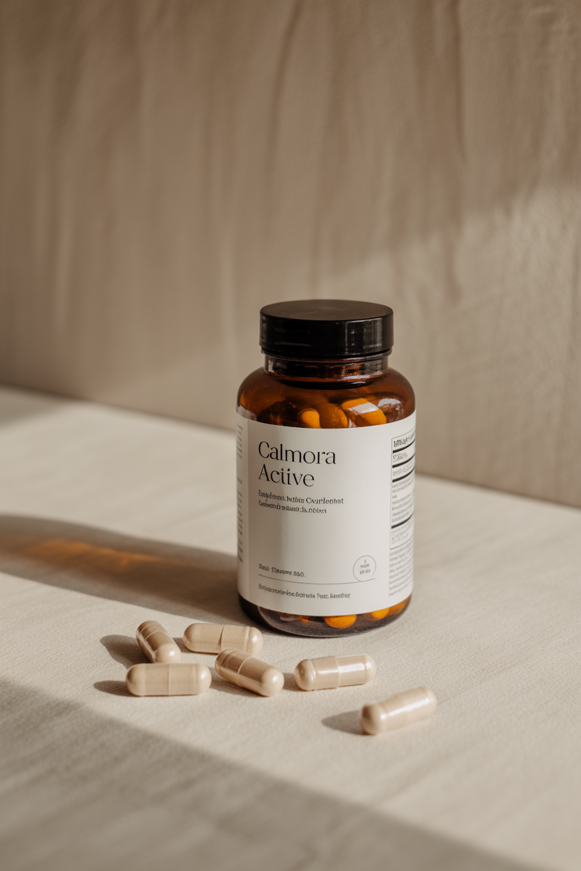 Amber supplement bottle with capsules on a neutral surface